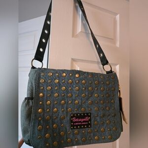 Betsey Johnson Denim Studded Shoulder Bag. New. No Tags